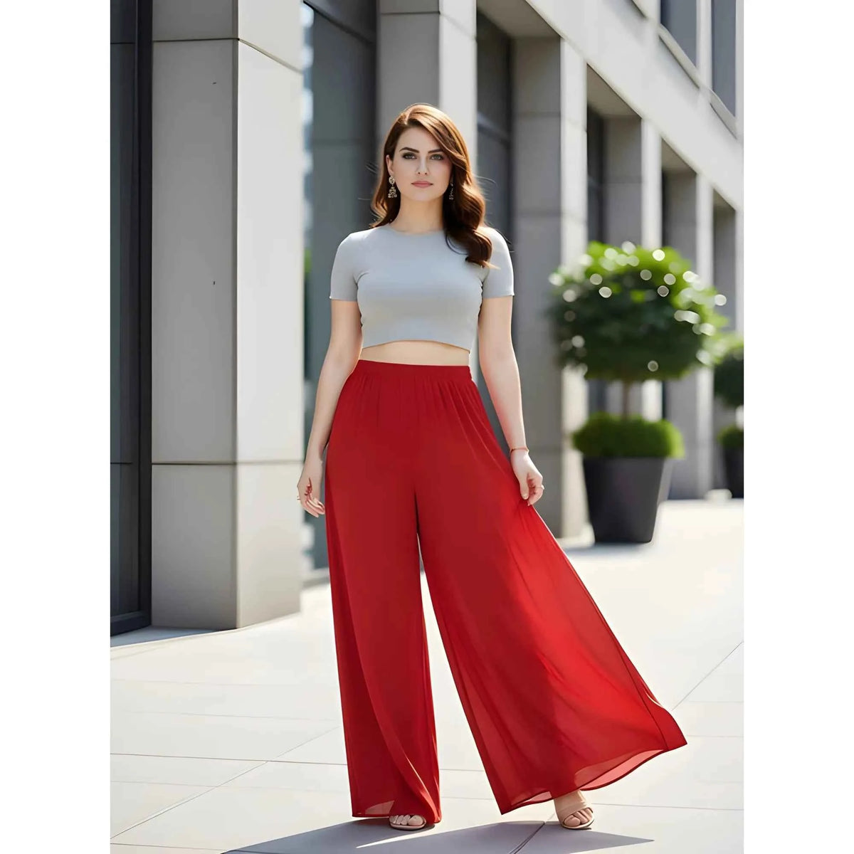 Riyana Georgette Solid High Rise Wide Leg Flared Palazzos with Elastic Waist Pack of 2