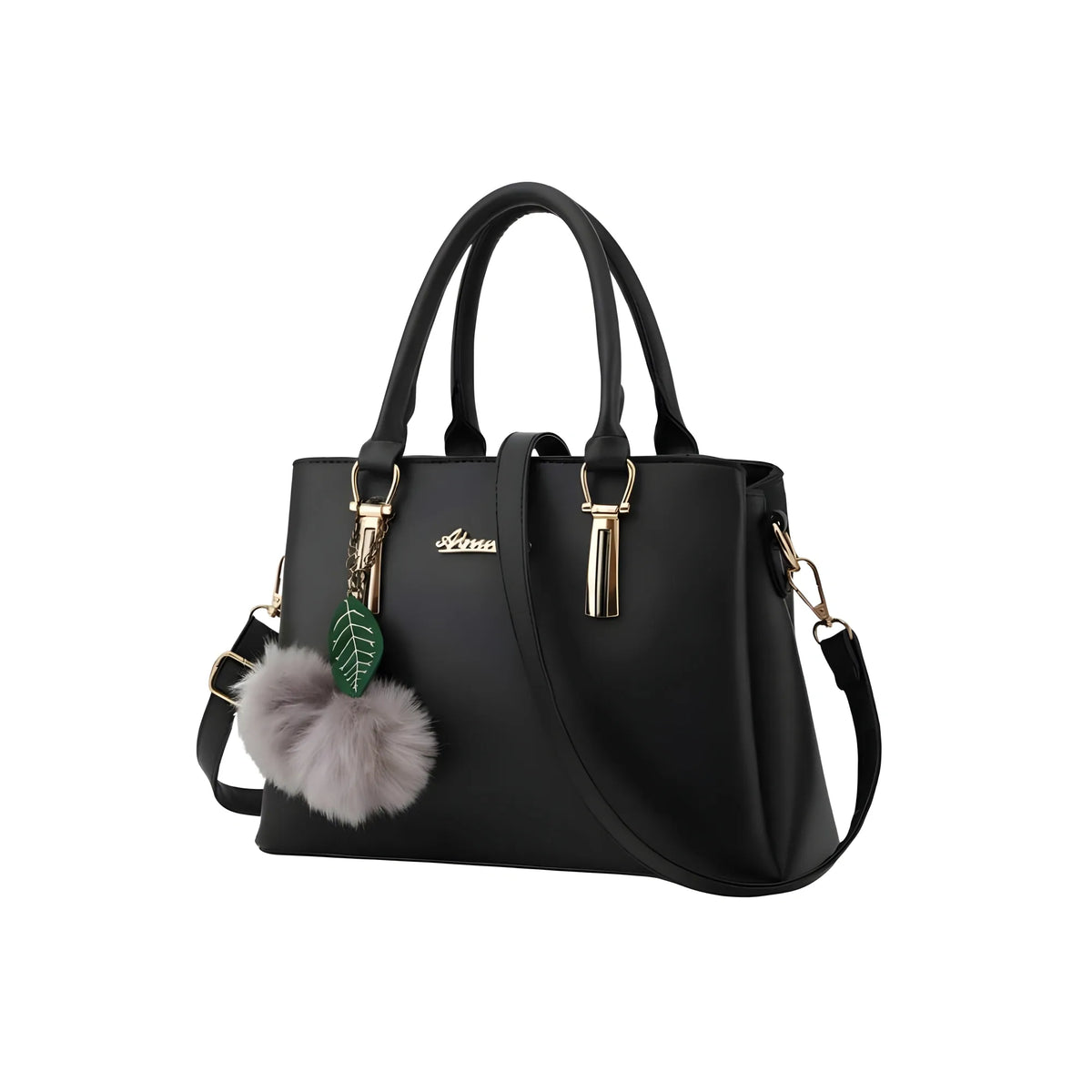 Women's PU Leather Solid Shoulder Zipper Handbag (Black)