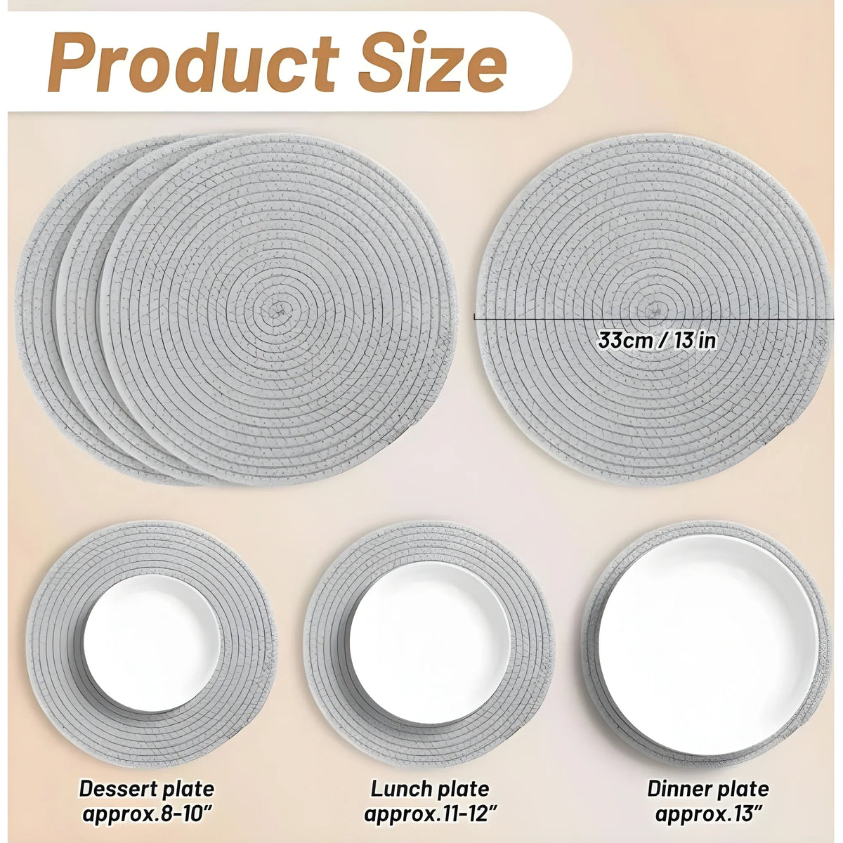 Cotton Dining Table Round Placemat Mats Set of 4 (Grey)