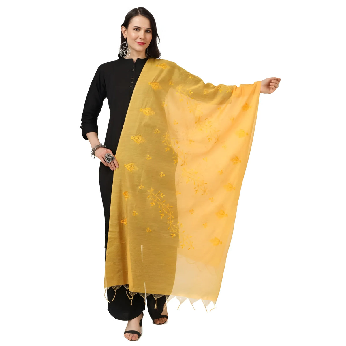 Women's Cotton Embroidered Dupatta (Yellow, Length: 2.25 to 2.50 Mtr)