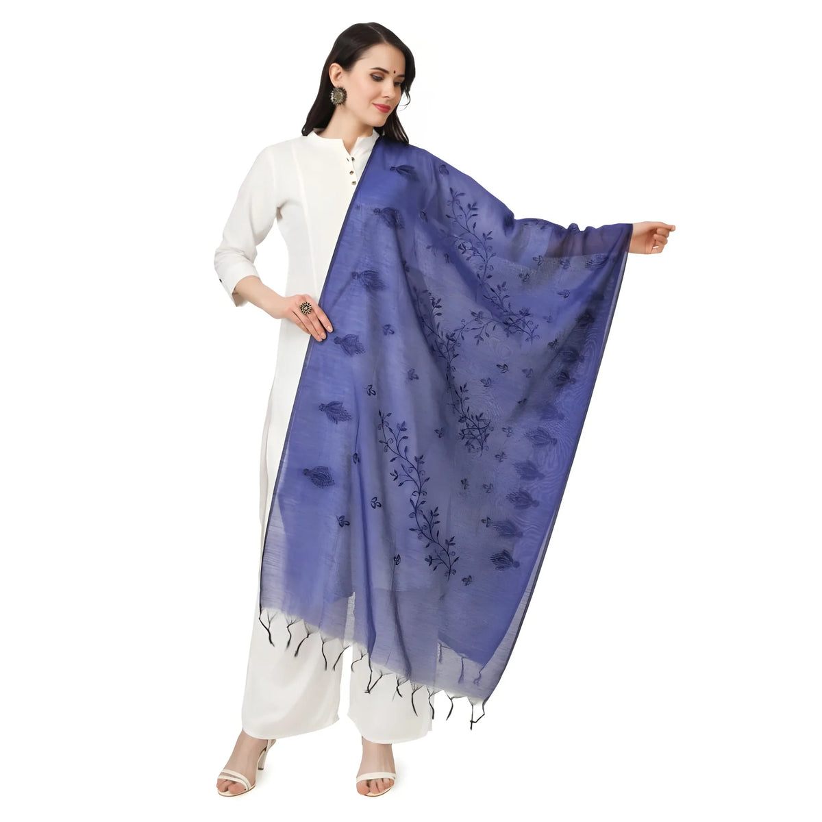 Women's Cotton Embroidered Dupatta (Blue, Length: 2.25 to 2.50 Mtr)