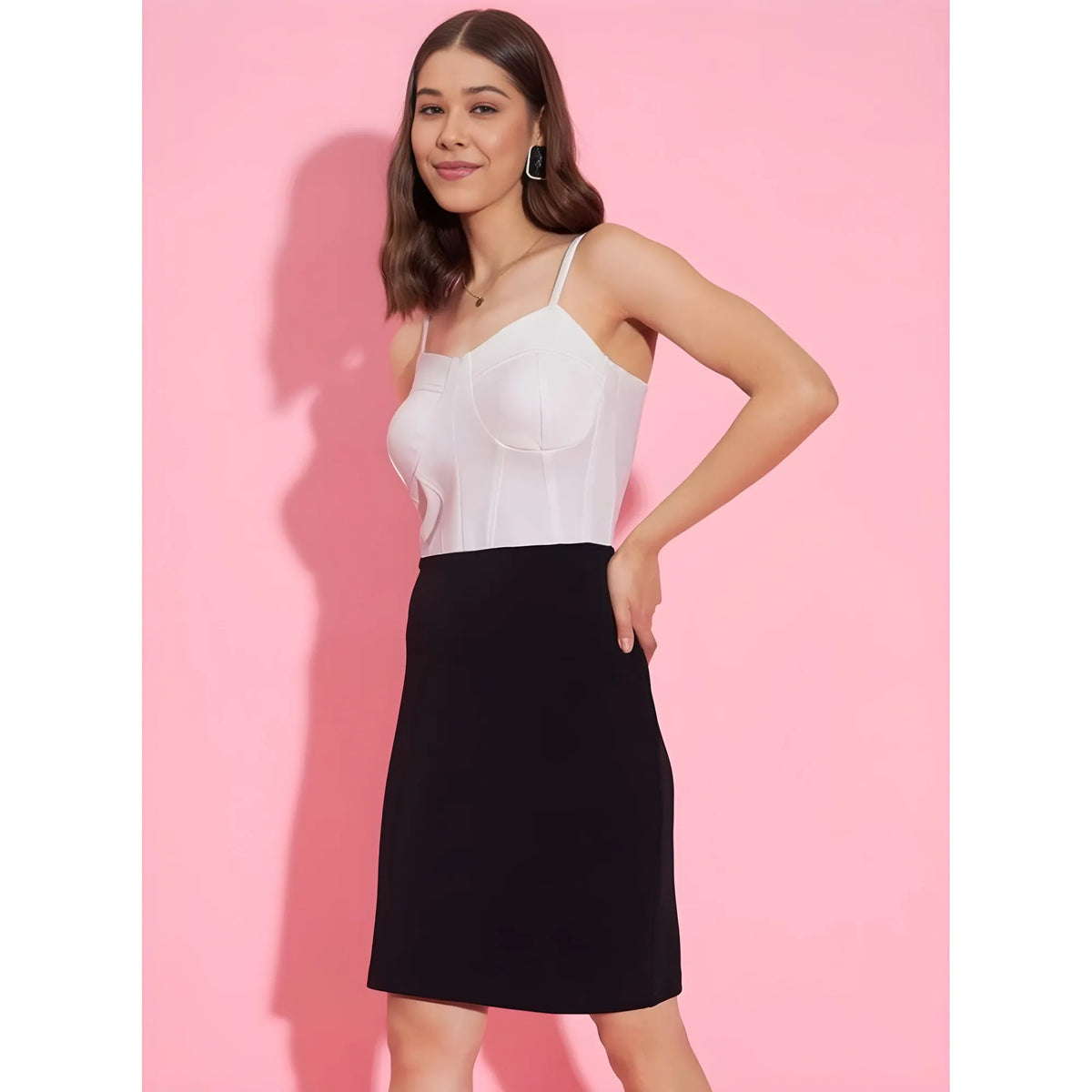 Women's Polyester Lycra Color Blocking Shoulder Straps Dress (white Black) | Women Signature Collection