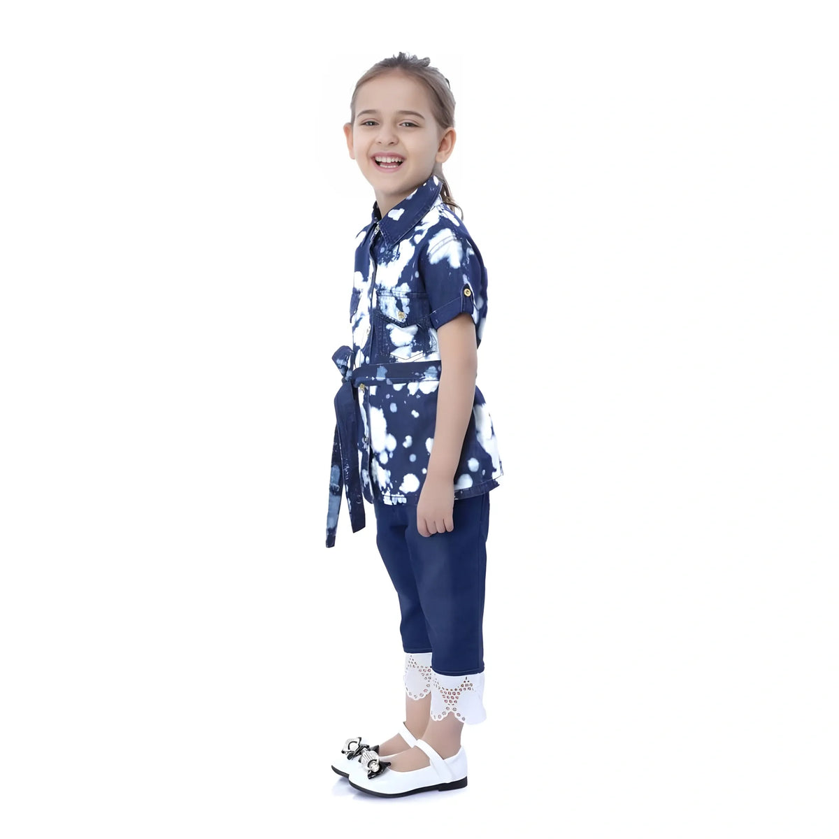 Girl's Denim Tie &amp; Dye Short Sleeve Top (Blue-White)