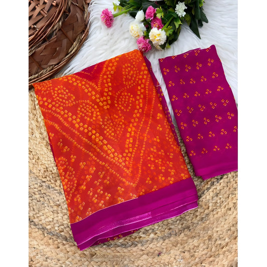 Women's Georgette Bandhani Printed Saree With Unstitched Blouse 5.5Mtr (Orange-Magenta)