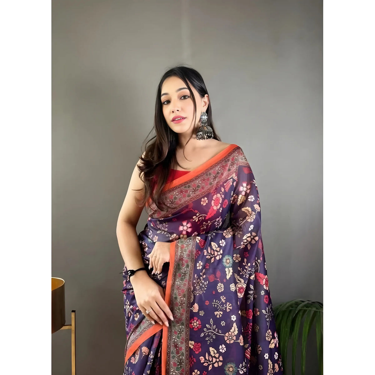 Women's Linen Printed Saree With Unstitched Blouse 5.5Mtr  (Blue)