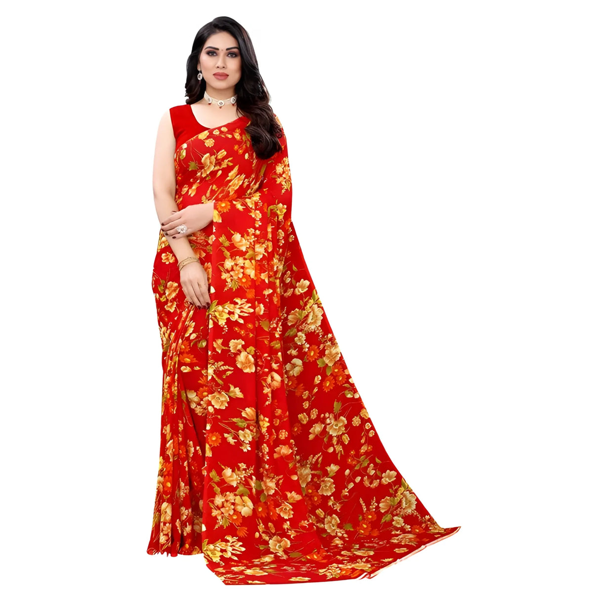 Women's Georgette Floral Printed Saree With Unstitched Blouse 5.5Mtr (Red)