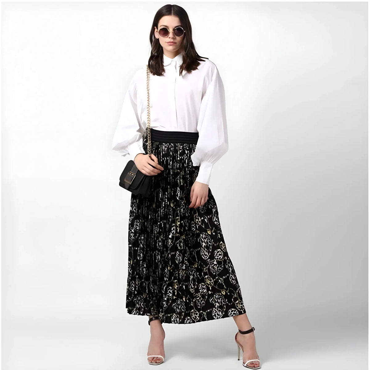 Women's Georgette Chain Print Elasticated Skirt (black Cream) | Women Signature Collection