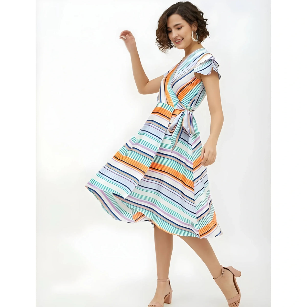 Women's Satin Striped Short Sleeve Knee Length Dress (multicolor) | Women Signature Collection