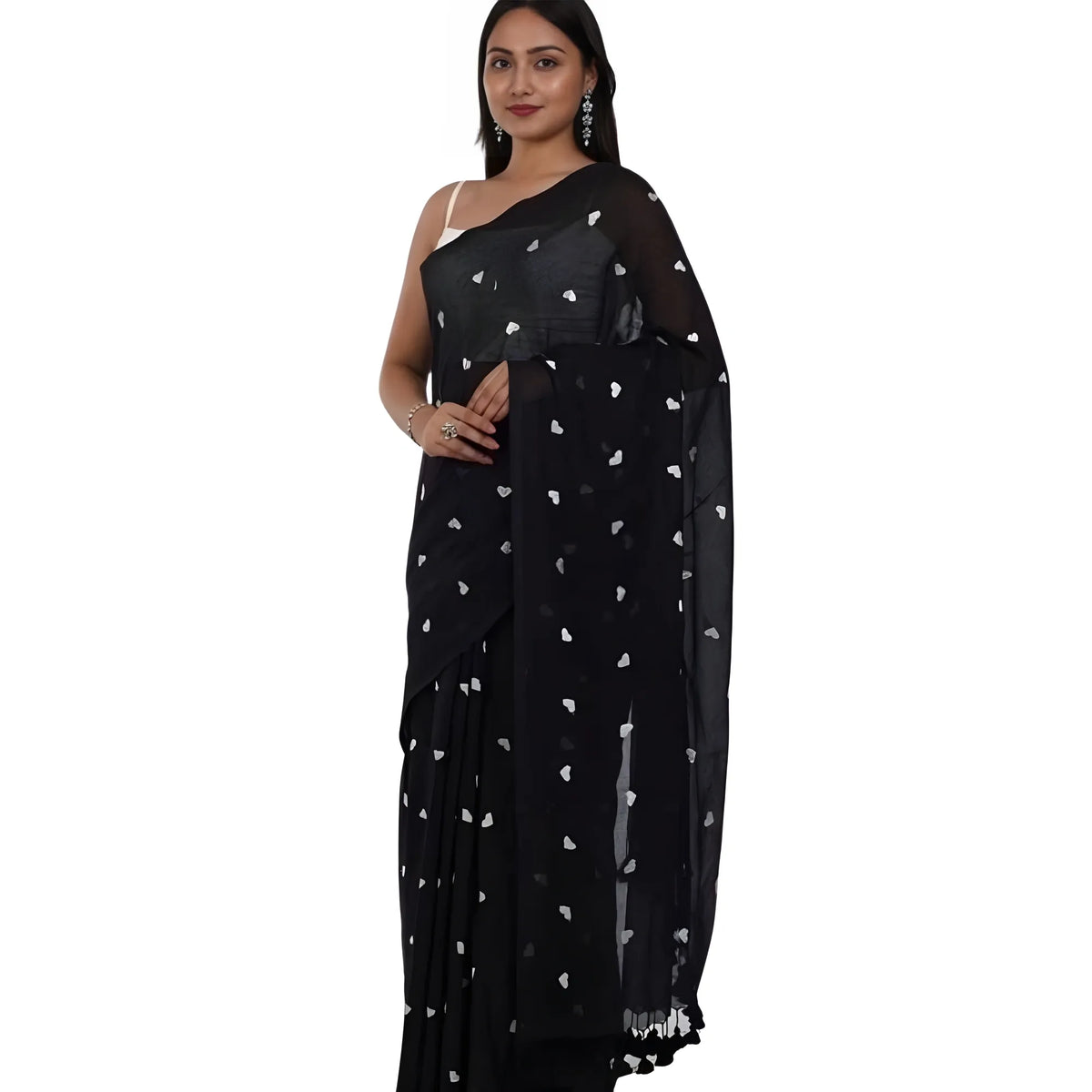 Women's Linen Printed Saree With Unstitched Blouse 5.5Mtr (Black)