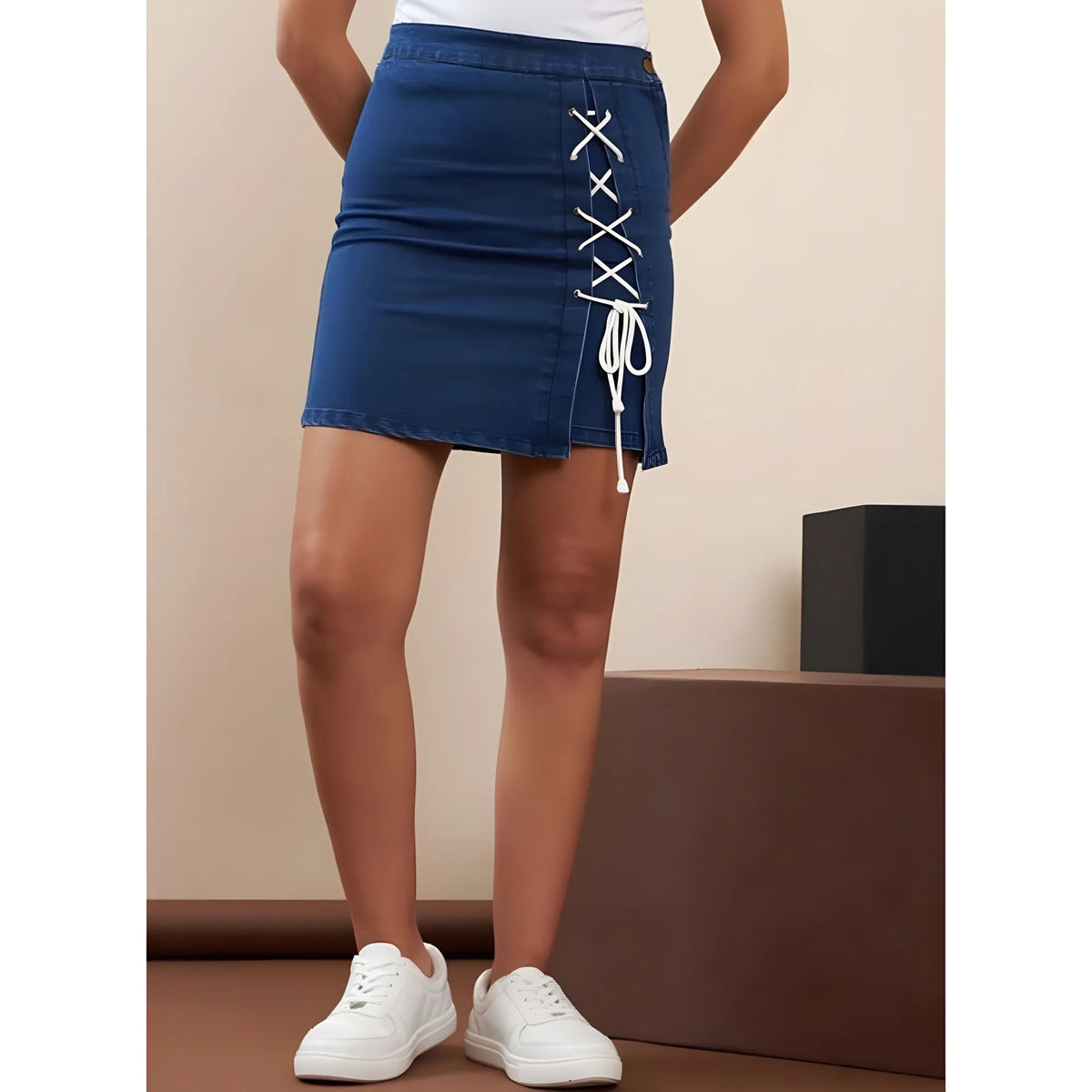 Women's Denim Lycra Solid Button Skirt (blue) | Women Signature Collection