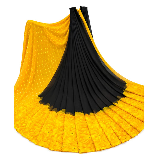 Women's Georgette Printed Saree With Unstitched Blouse 5.5Mtr (Black-Yellow)