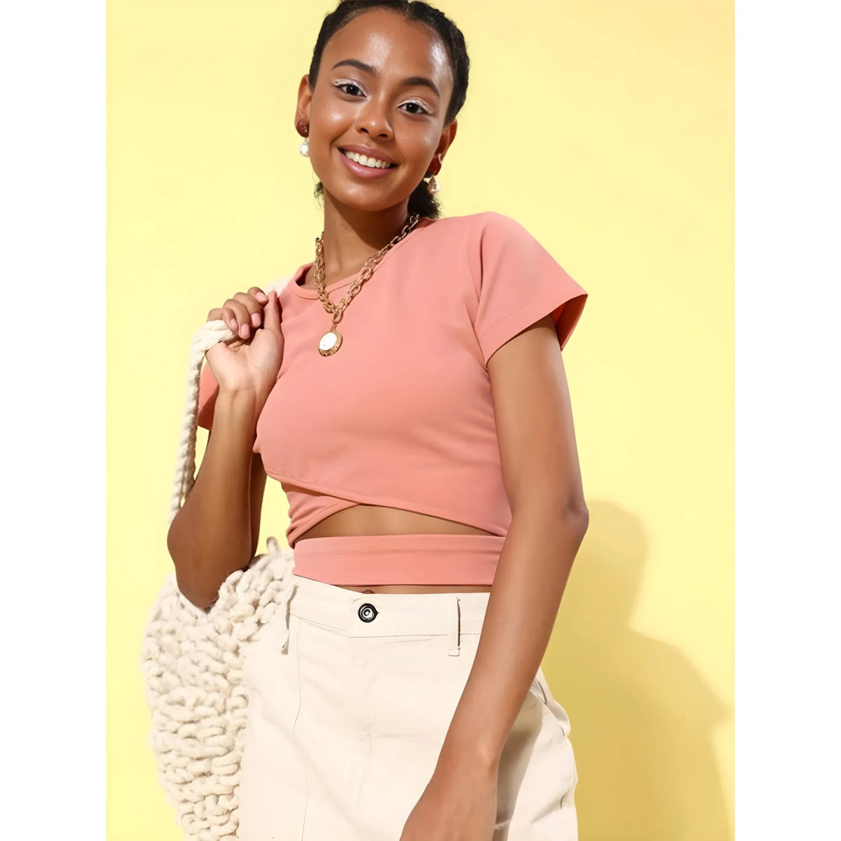 Women's Polyester Lycra Solid Short Sleeve Top (Pink)