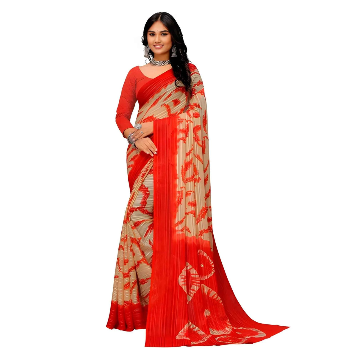 Ishara Georgette Striped Printed Saree With Unstitched Blouse