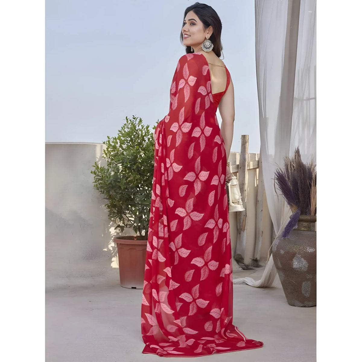 Women's Chiffon Printed Saree With Unstitched Blouse 5.5Mtr  (Red)