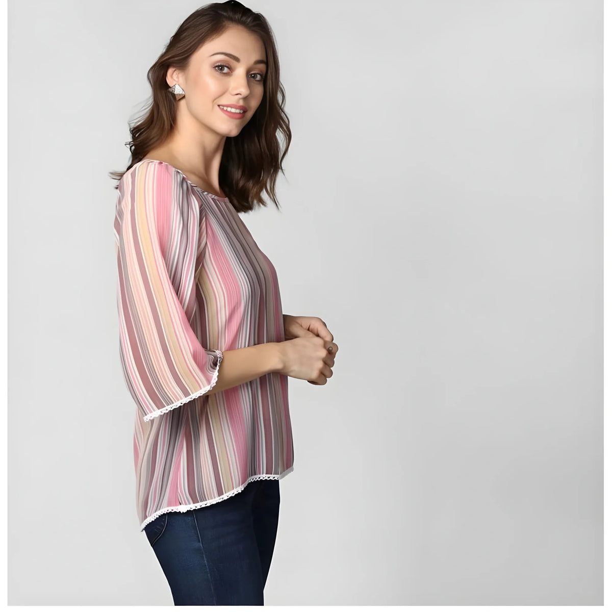 Women's Polyester Striped 3-4th Sleeves Top (Pink)