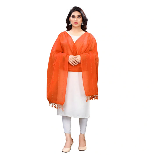 Women's Cotton Silk Strips Printed Dupatta (Orange, Length:2-2.4 mtr)