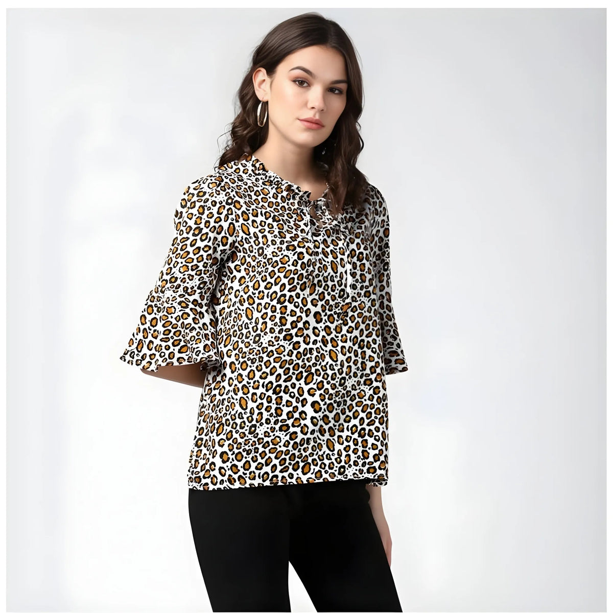 Women's Polyester Animal Print Bell Sleeve Top (Orange - Black)