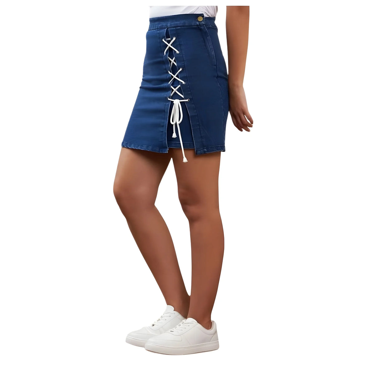Women's Denim Lycra Solid Button Skirt (blue) | Women Signature Collection