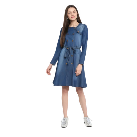 Women's Denim Washed Regular Sleeves Dress (blue) | Women Signature Collection