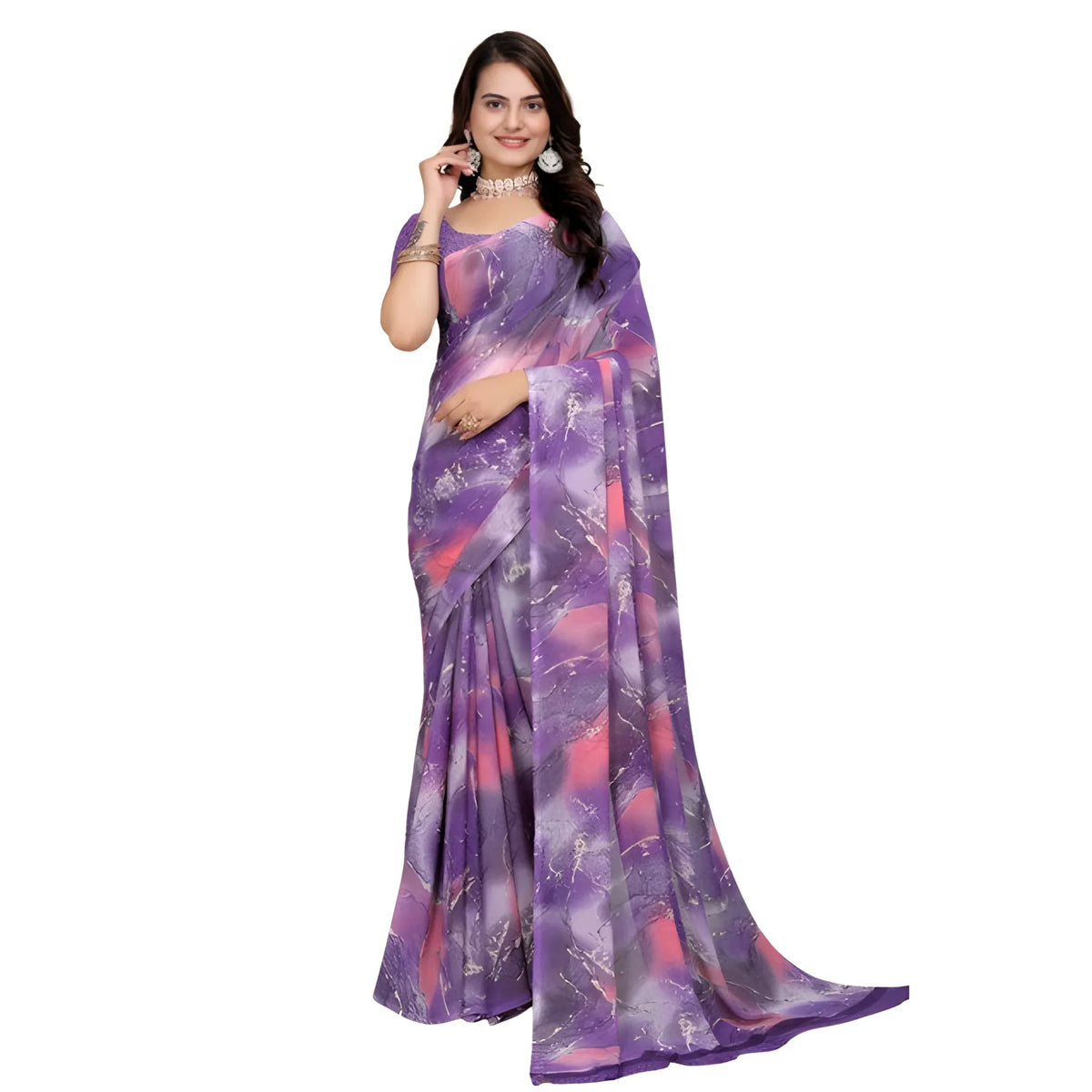 Women's Georgette Printed Saree With Unstitched Blouse 5.5Mtr (Purple-Pink)