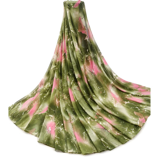 Women's Georgette Printed Saree With Unstitched Blouse 5.5Mtr (Mehendi-Pink)