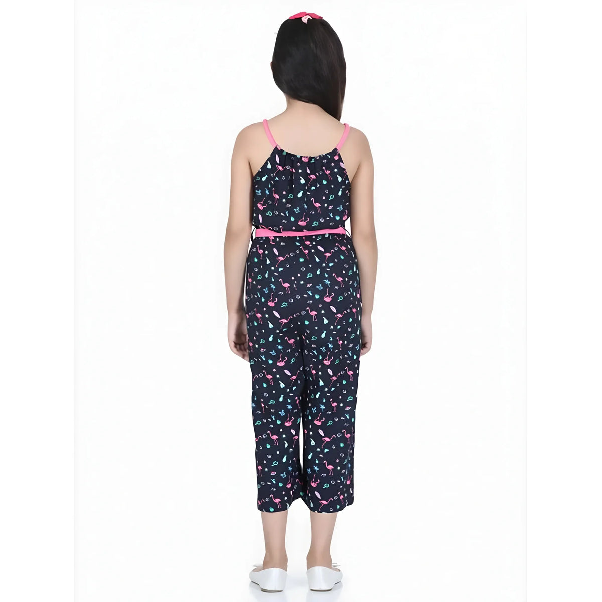 Girl's Rayon Flamingo Print Sleeveless Jumpsuit (black Pink) | Kids Signature Collection