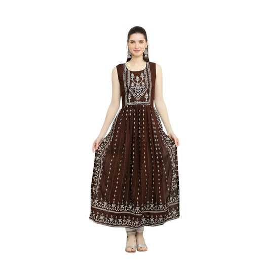 Women's Casual Rayon Sleeveless Kurti (Brown)