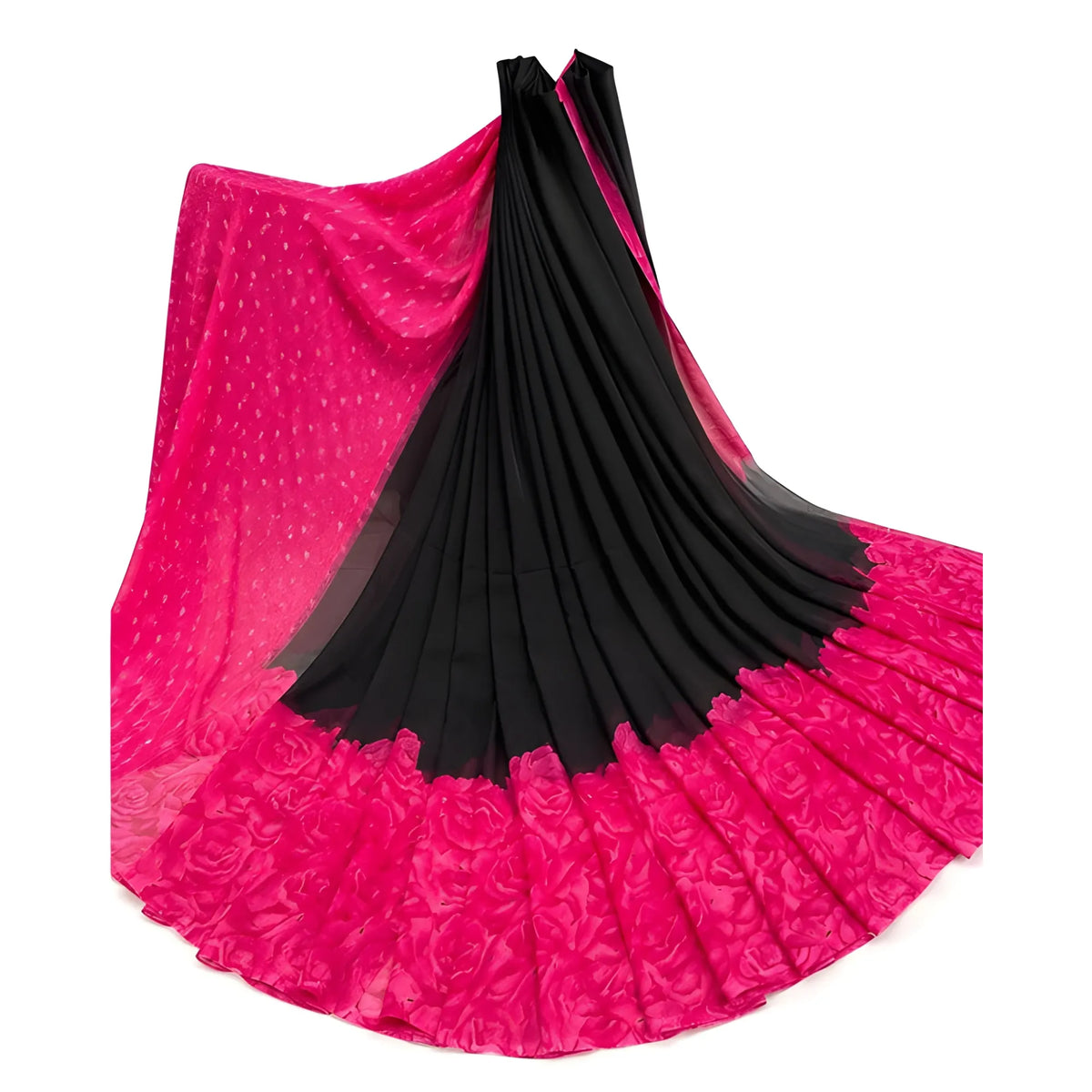 Women's Georgette Printed Saree With Unstitched Blouse 5.5Mtr (Black-Pink)