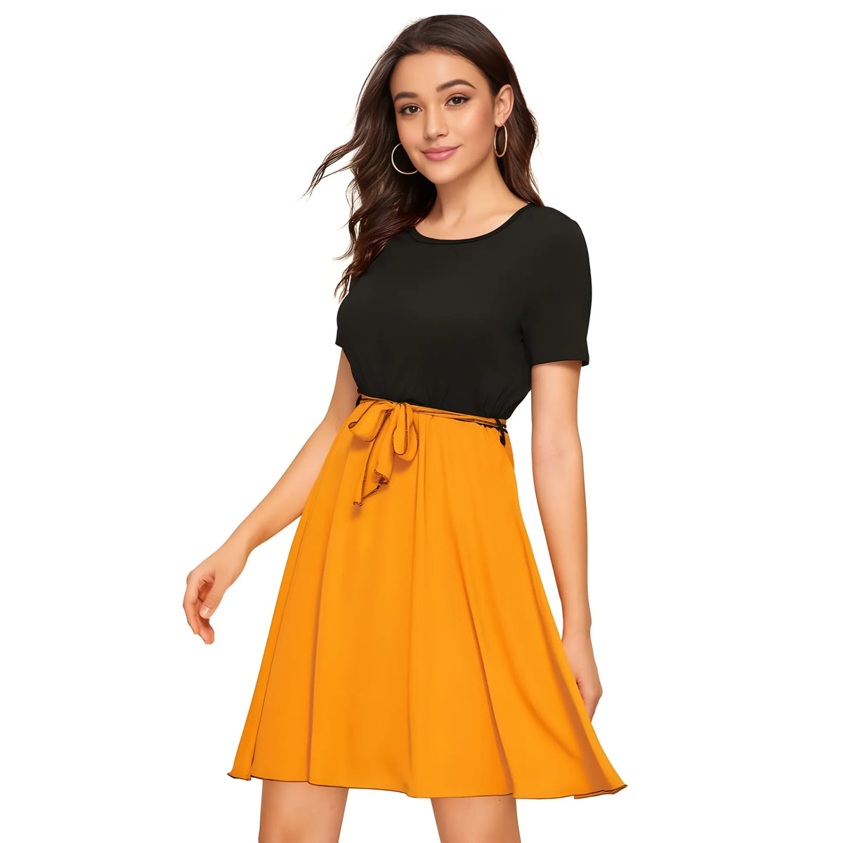 Women's Knitting stretchable Solid Round Neck Cap Sleeve Dress (Yellow)