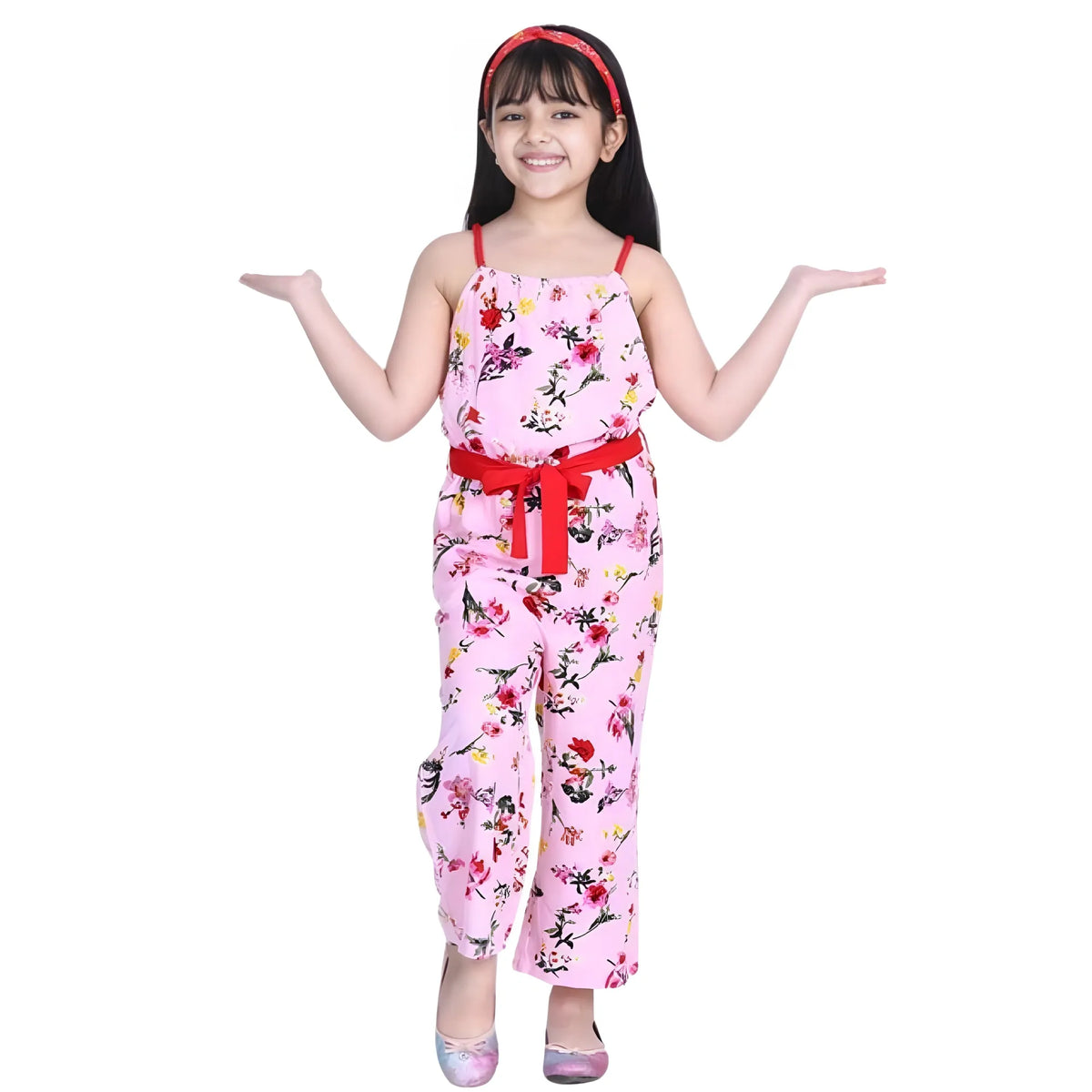 Girl's Polyester Crepe Floral Shoulder Straps Jumpsuit (pink Red) | Kids Signature Collection