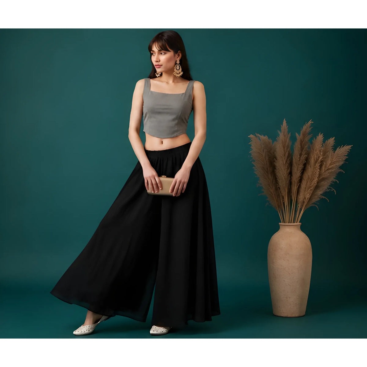 Women's Georgette Solid Mid-Rise Wide Leg Flared Palazzo with Elastic Waist (Black)