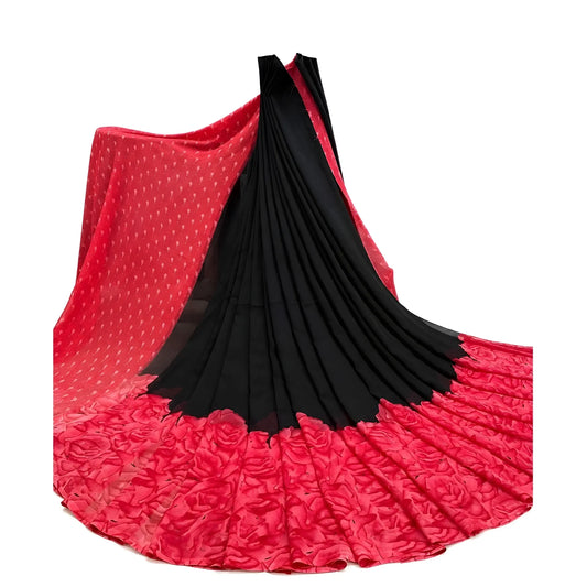 Women's Georgette Printed Saree With Unstitched Blouse 5.5Mtr (Black-Dark Pink)