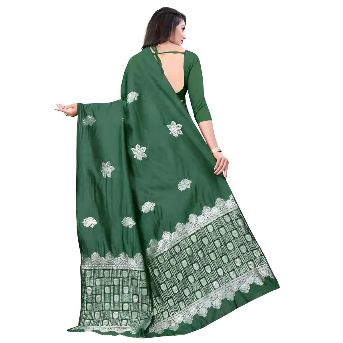Women's Soft Lichi Silk Printed Saree With Unstitched Blouse 5.5Mtr (Green)