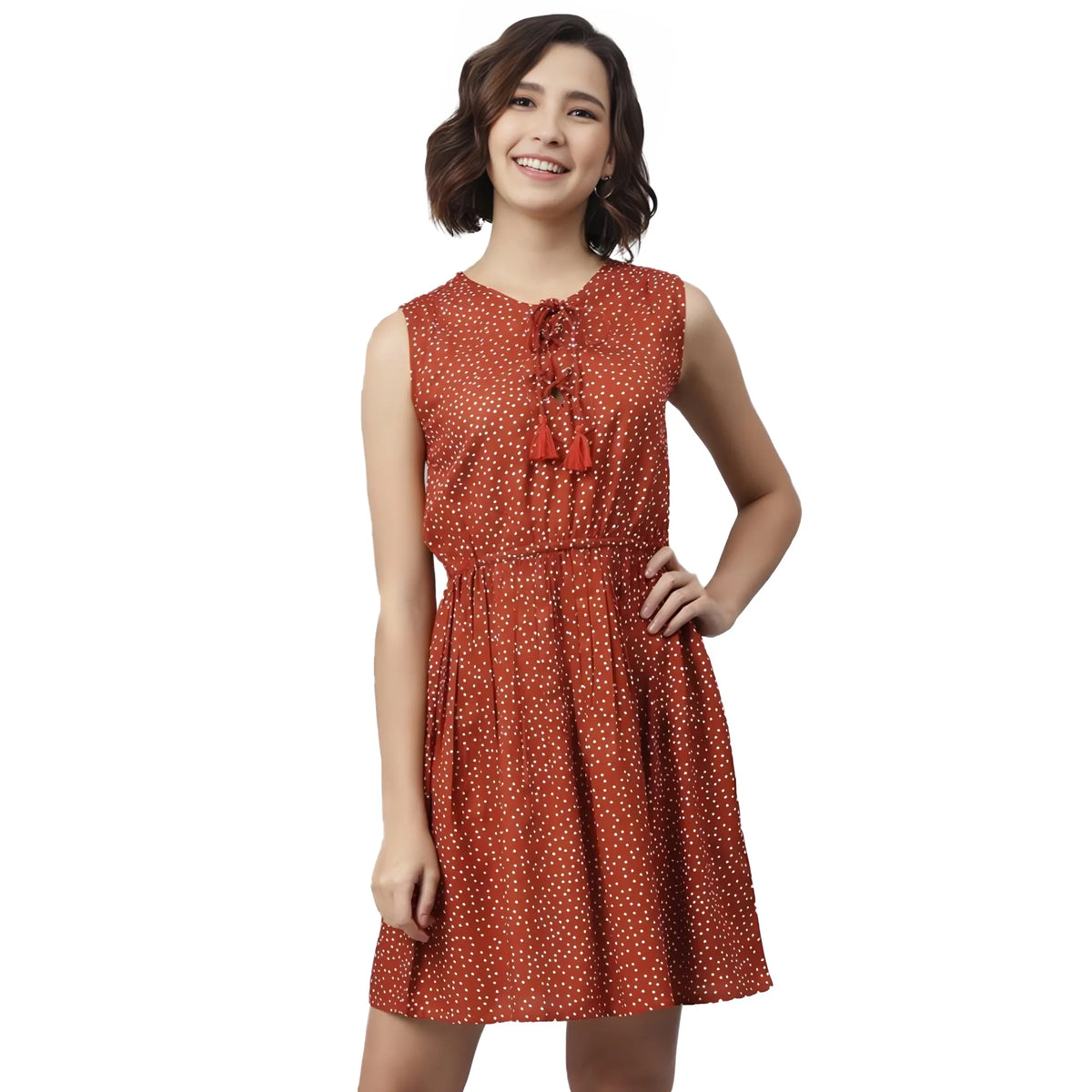 Women's Rayon Polka Sleeveless Above Knee Dress (rust) | Women Signature Collection