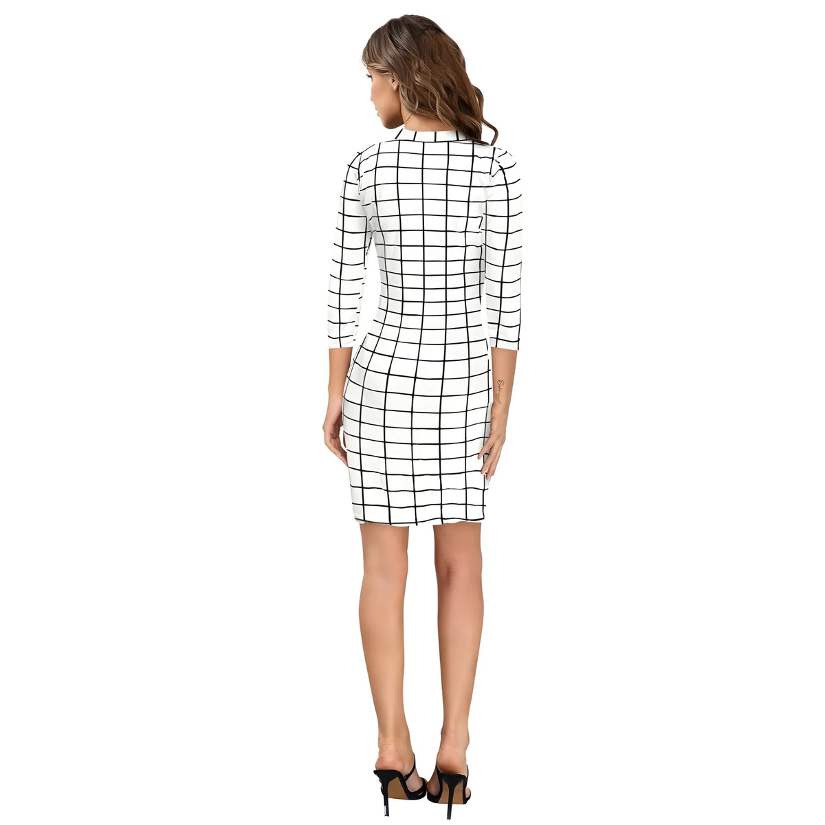 Women's Polyester Solid High Neck Full Sleeve Dress (White)