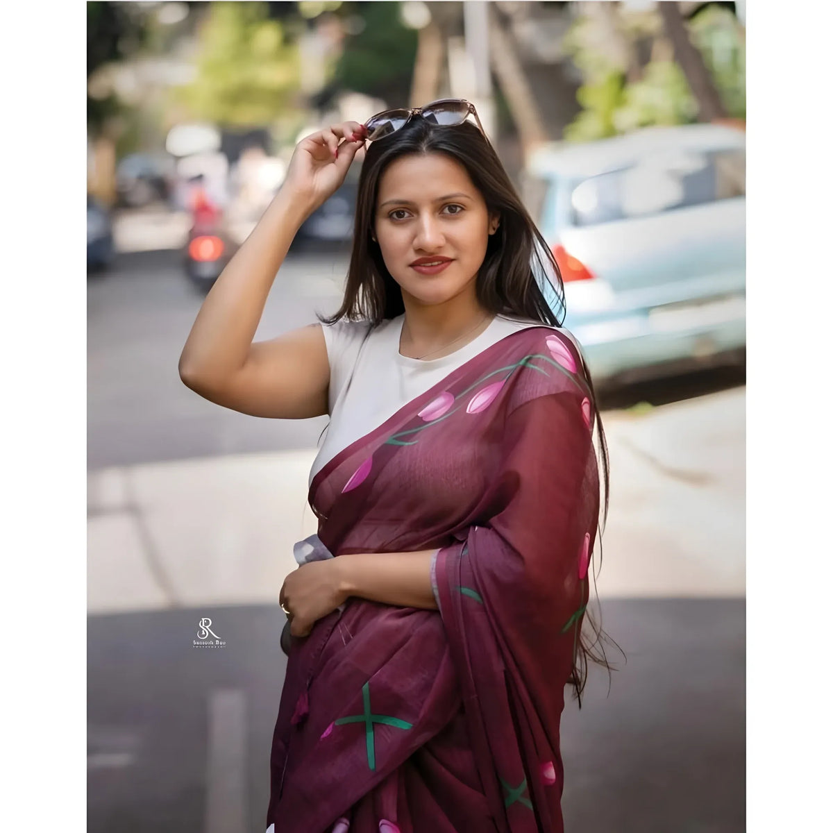 Women's Linen Printed Saree With Unstitched Blouse 5.5Mtr  (Brown)