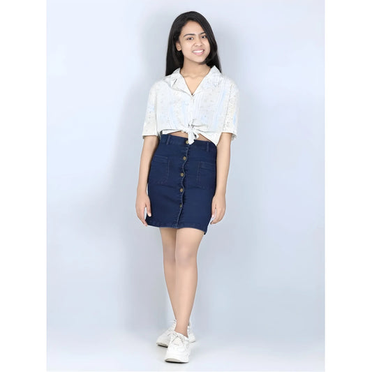 Girl's Denim Solid Buttoned Skirt (navy Blue) | Kids Signature Collection