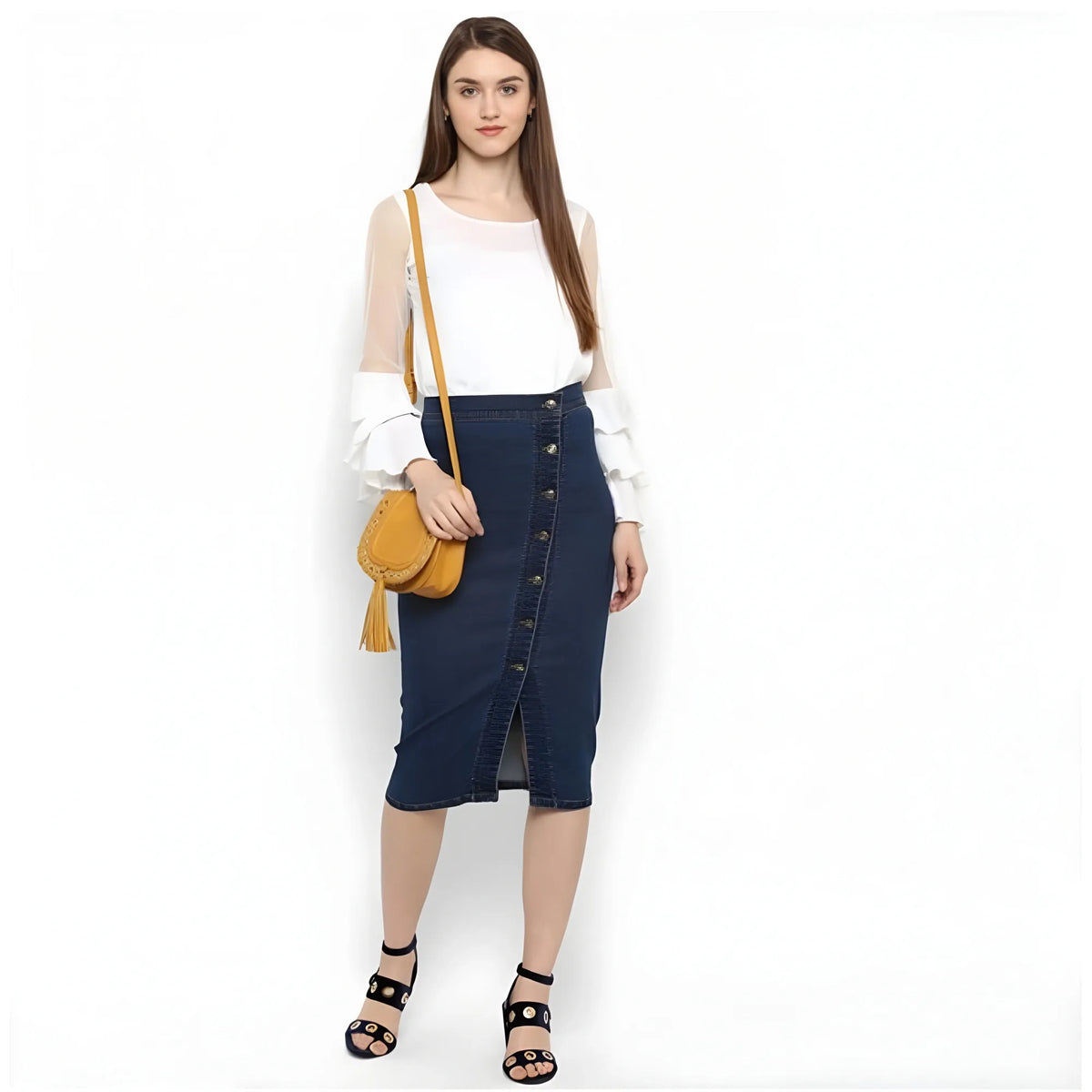Women's Denim Front Button Buttoned Skirt (blue) | Women Signature Collection