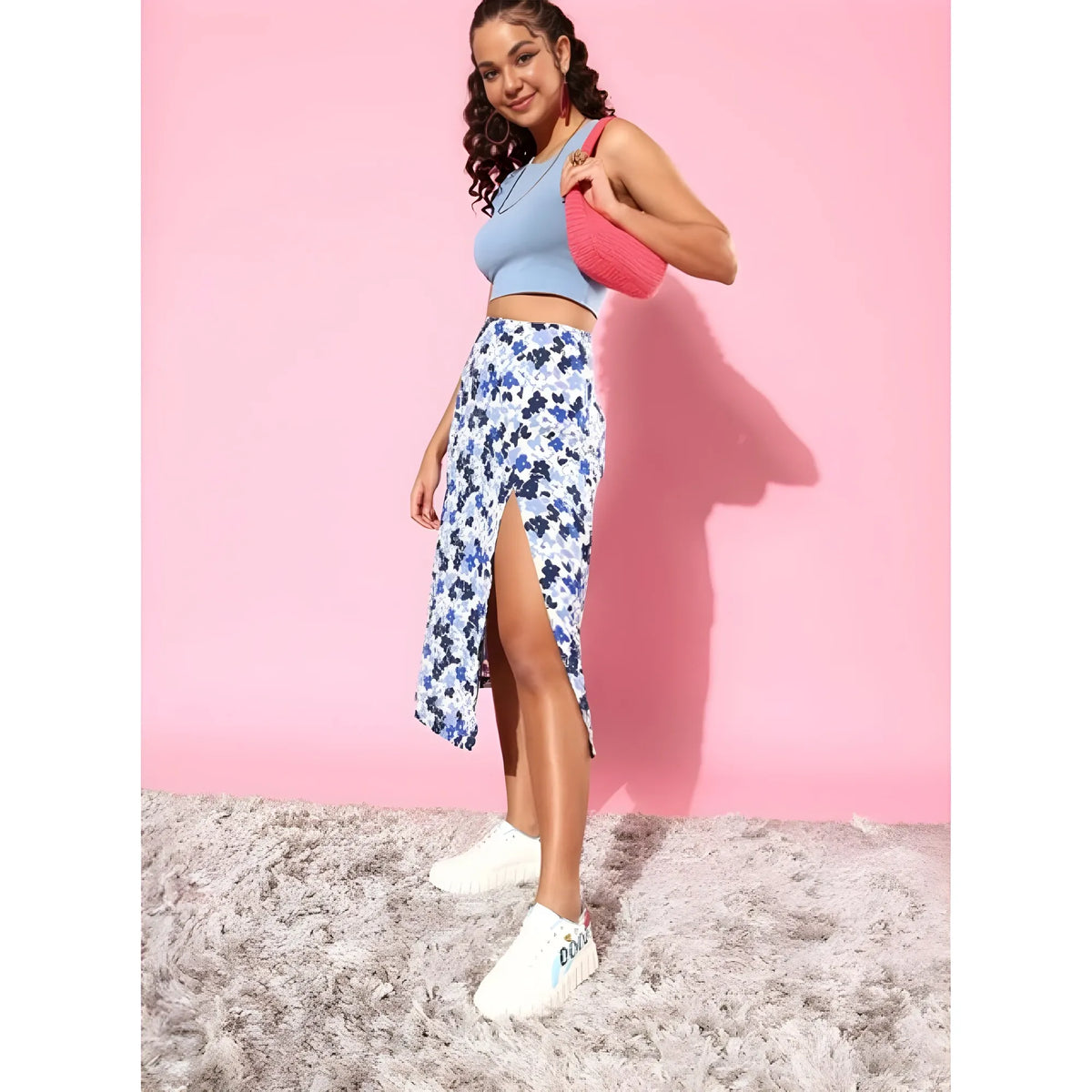 Women's Polyester Floral Side Zip Skirt (blue White) | Women Signature Collection