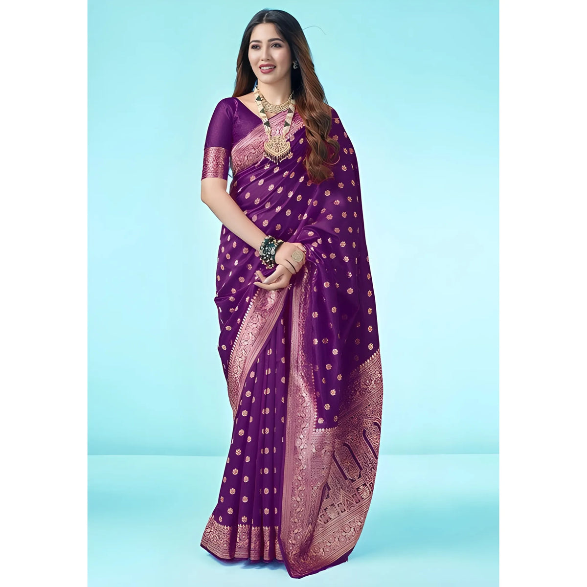 Women's Jacquard Printed Saree With Unstitched Blouse 5.5Mtr (Purple)