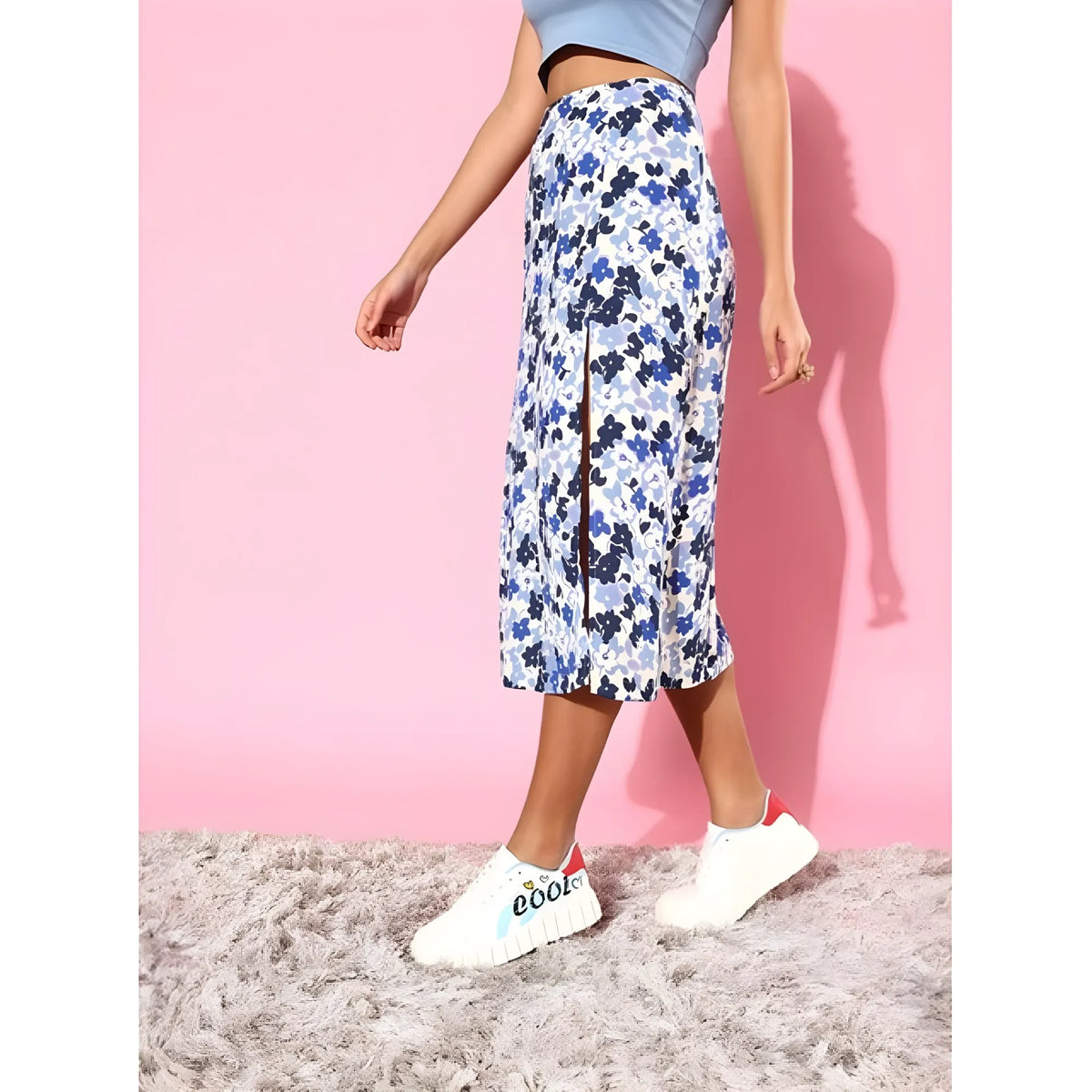 Women's Polyester Floral Side Zip Skirt (blue White) | Women Signature Collection