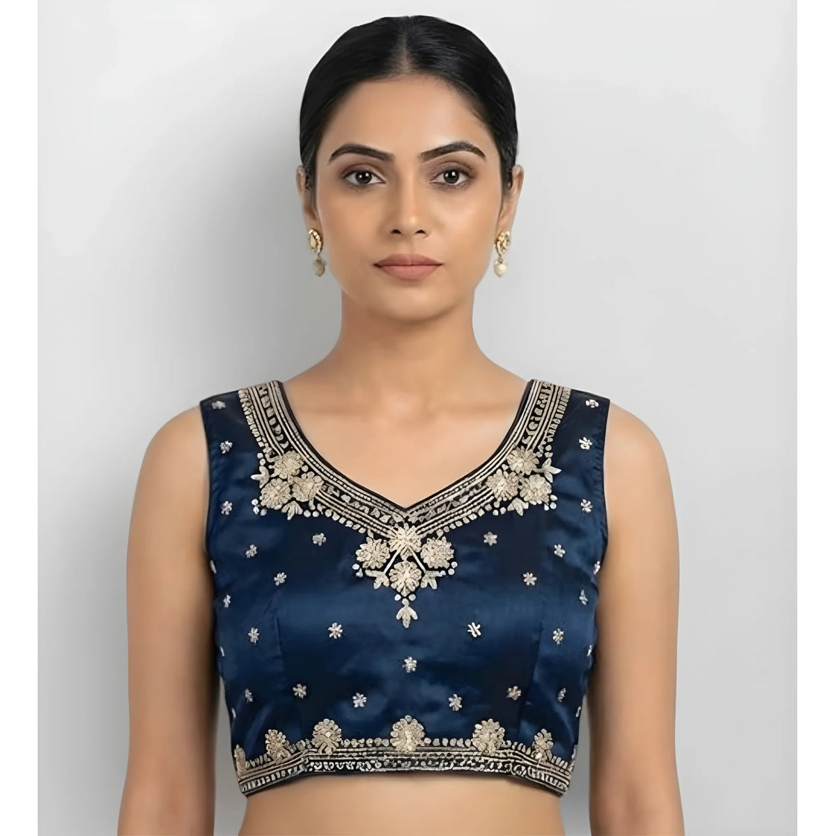 Women's Silk Embroidered V-Neck Sleeveless Readymade Padded Blouse (Blue, Size 38)