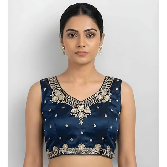 Women's Silk Embroidered V-Neck Sleeveless Readymade Padded Blouse (Blue, Size 38)