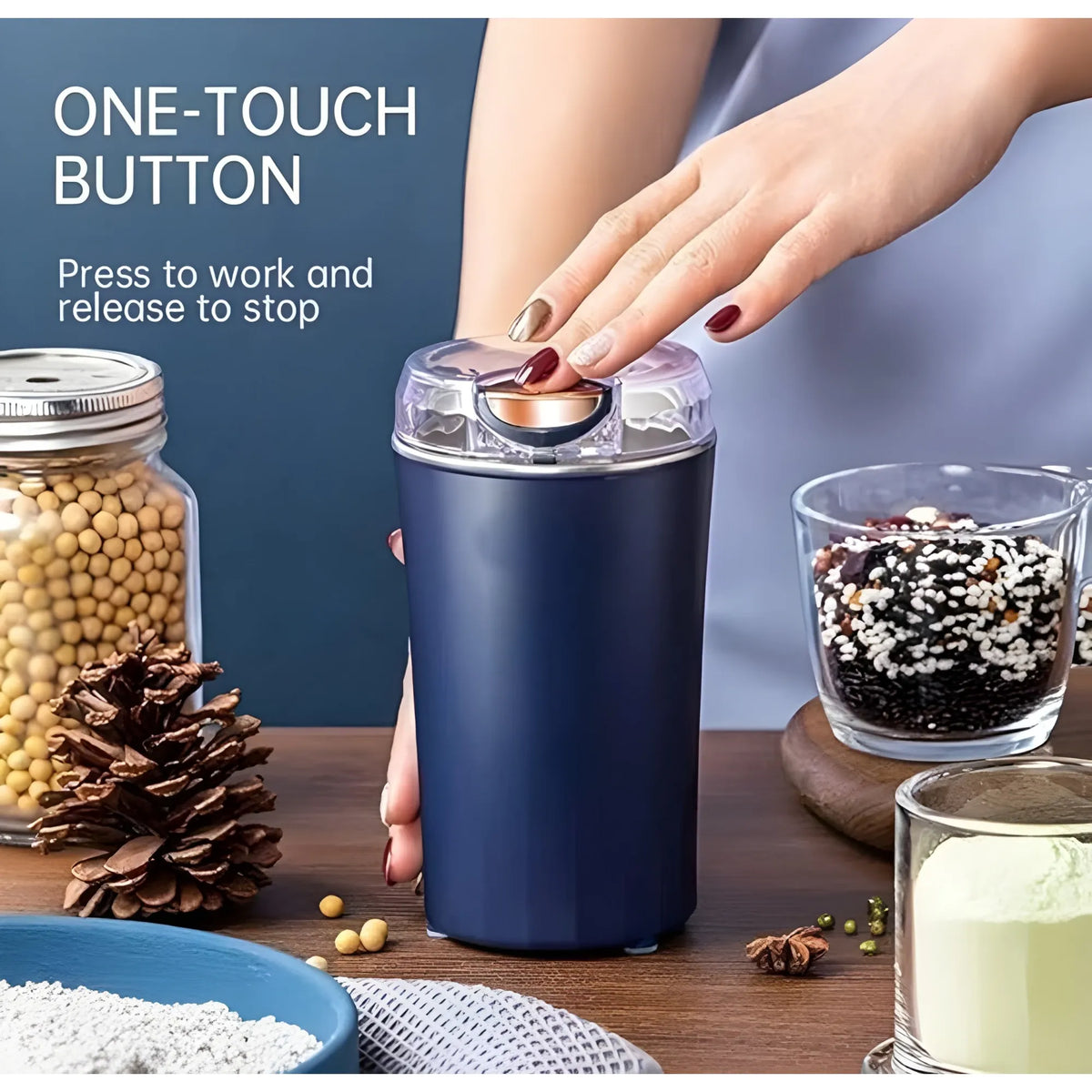 Plastic-Stainless Steel Electric Coffee Bean Grinder (Navy Blue)