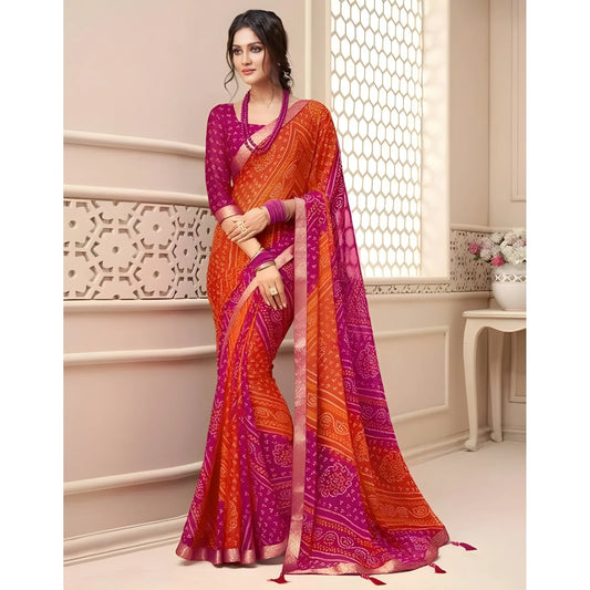 Women's Georgette Bandhani Printed Saree With Unstitched Blouse 5.5Mtr (Orange-Magenta)