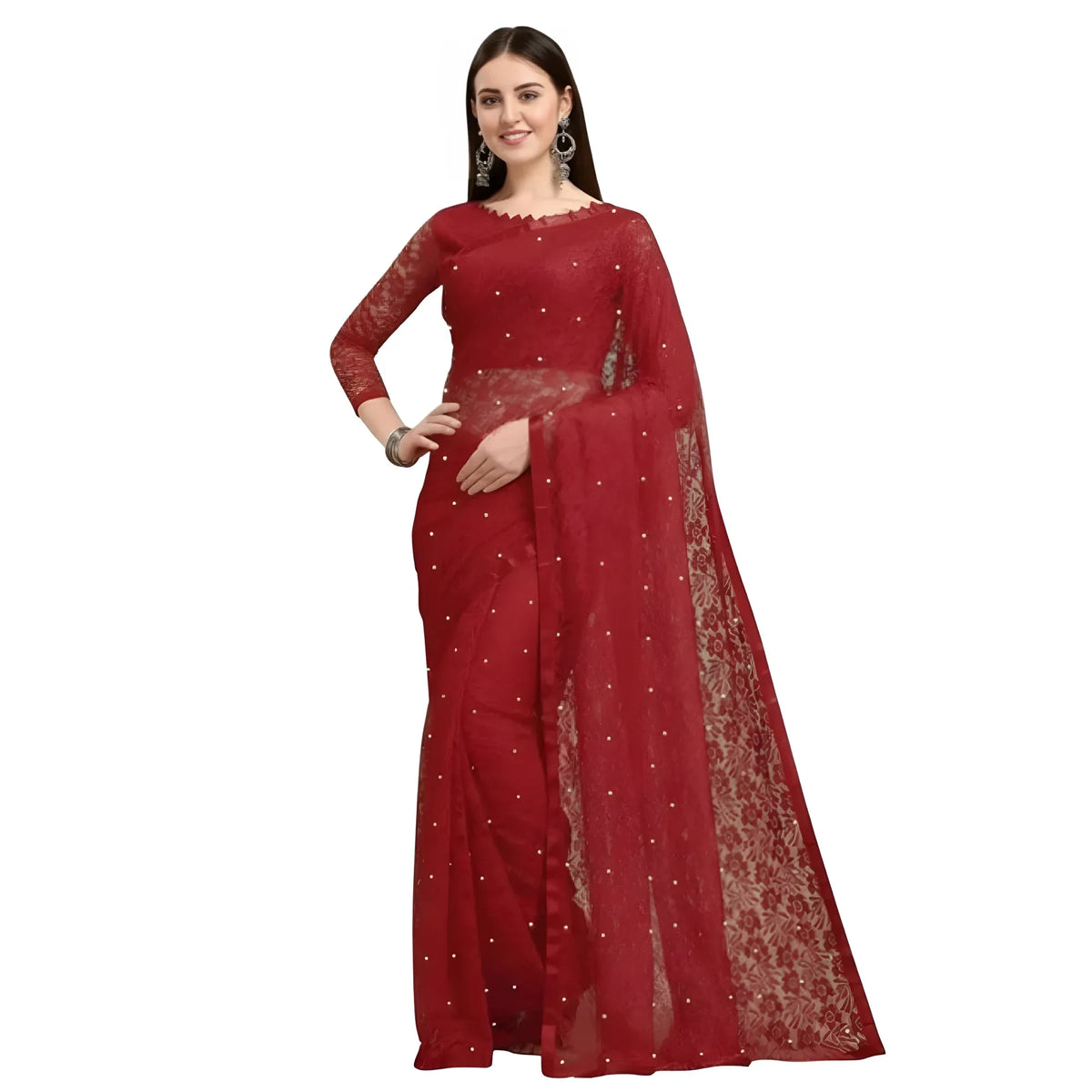 Women's Net Self Design Saree With Unstitched Blouse 5.5Mtr  (Maroon)