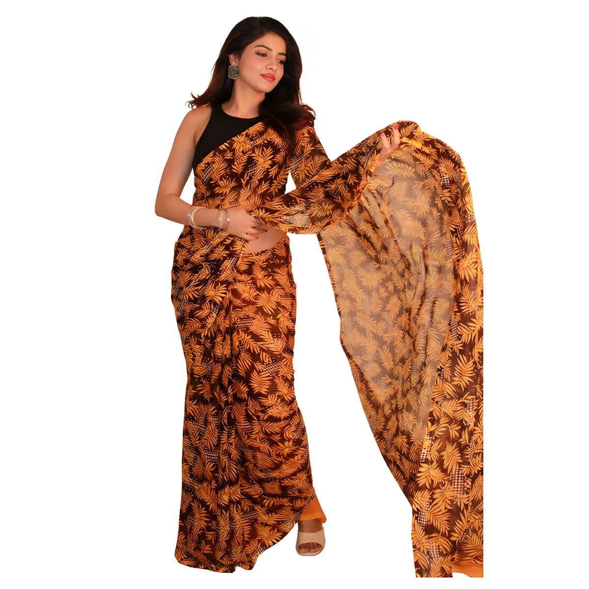 Women's Georgette Printed Saree With Unstitched Blouse 5.5Mtr (Black-Yellow)