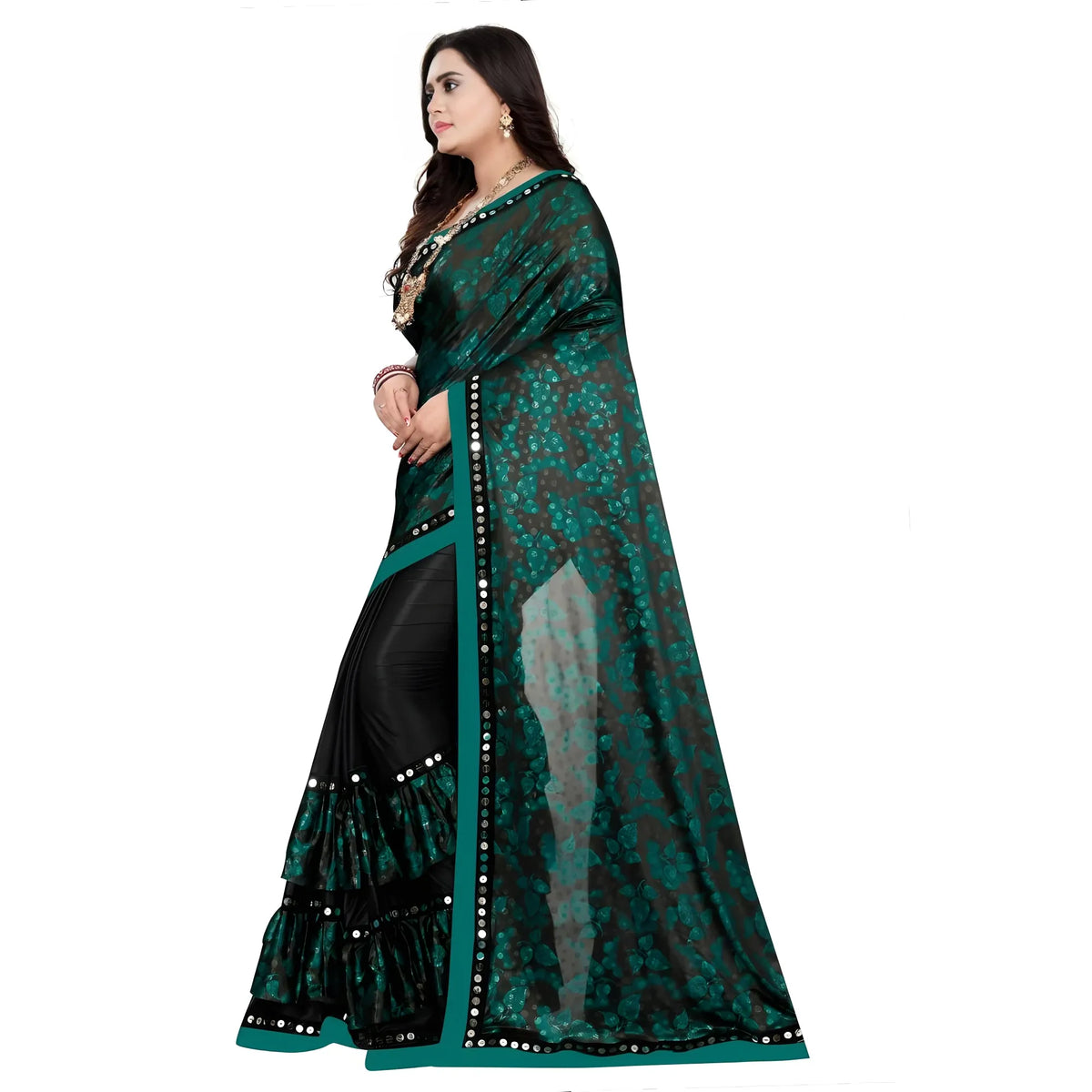 Women's Lycra Blend Saree with Blouse (Green, 5-6 Mtrs)