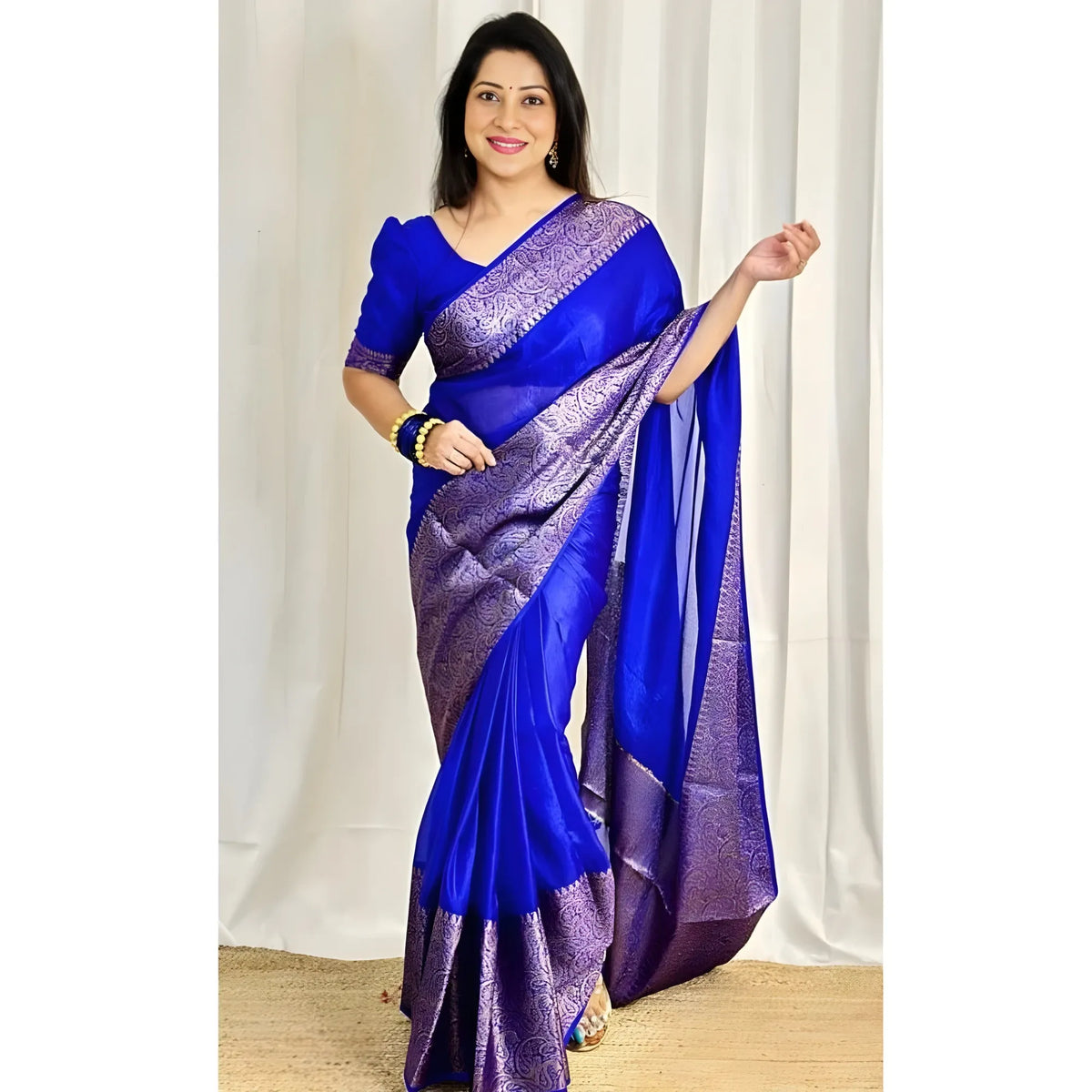 Women's Soft Lichi Silk Solid Saree With Unstitched Blouse 5.5Mtr (Blue)