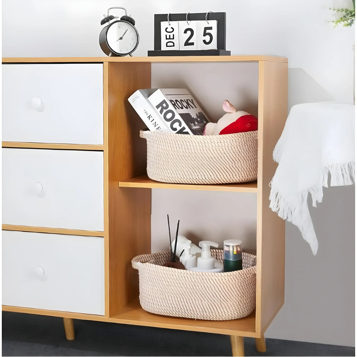 Cotton 2 Pcs 10x7x4 Inch Oval Storage Basket For Clothes (Beige)